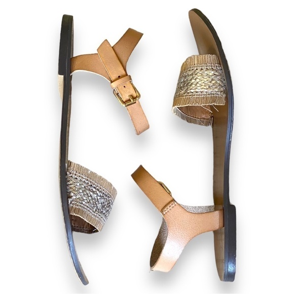 J Crew Factory Raffia Silver and Tan Woven Straw Fringe Sandals | Size 9 - Picture 5 of 13